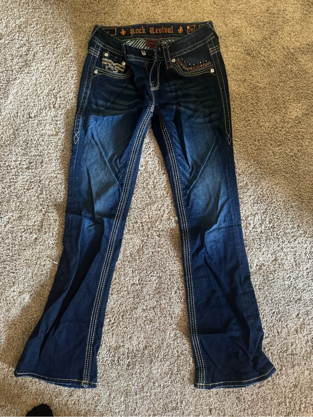 Rock Revival Dark Blue Flare Jeans with Contrast Stitching